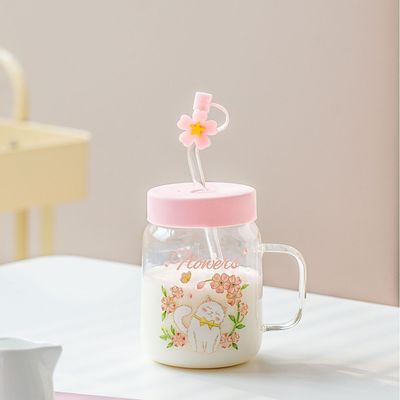 購入 可愛らしいガラスマグ 白猫 ピンクとブルーを基調とした花のイラスト online manufacture