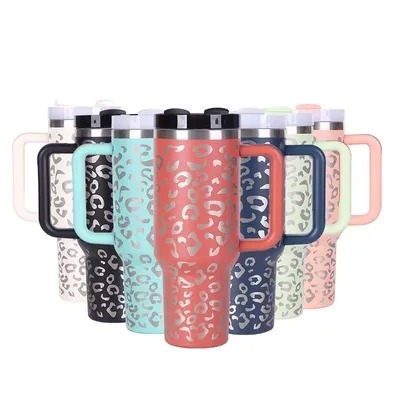 購入 エコフレンドリー 40オンスステンレス鋼タンブラー ハンドルと隔離 シンプル モダン レオパードタンブラー 1200ml ポータブル 大容量 ほとんどの車用カップホルダーにフィット オンライン製造