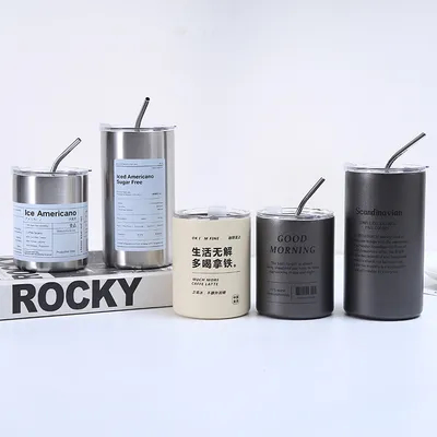 購入 トンブラー ステンレス コーヒー カップ 蓋とストロー アメリカン スタイル 携帯 外側 付属ストロー 密閉 水カップ 壁付き 旅行瓶 オンライン製造