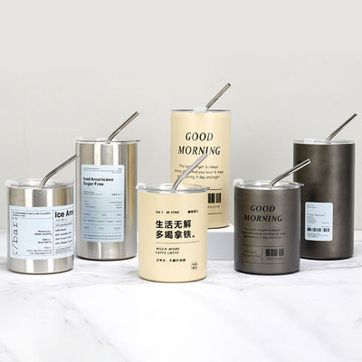 12オンスストレートカップ アイスコーヒータンブラー ステンレスステール 熱水器 隔離型コーヒーティーカップ ビール杯 ストロー蓋付き