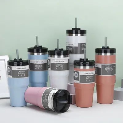 カスタマイズされたロゴ ダブルウォール真空隔熱カップ 20oz 30oz ステンレス鋼タンブラー ストロー付き 車旅行カップ 食器洗浄機 安全な流出防止設計