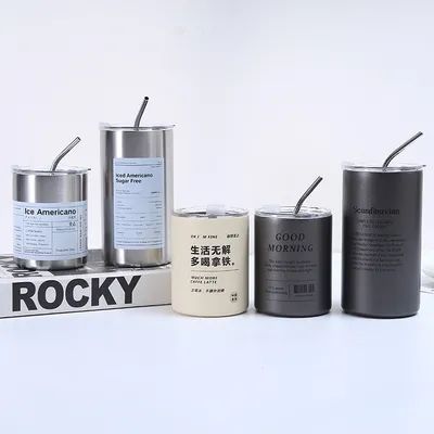 トンブラー ステンレス コーヒー カップ 蓋とストロー アメリカン スタイル 携帯 外側 付属ストロー 密閉 水カップ 壁付き 旅行瓶